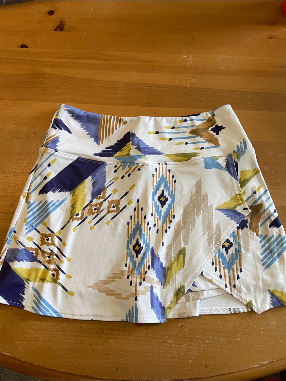 White Abstract Printed Mini Skort with Blue and Olive Accents